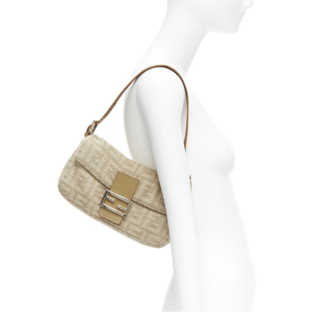 FENDI Baguette beige FF Zucca monogram wool leather top handle shoulder bag